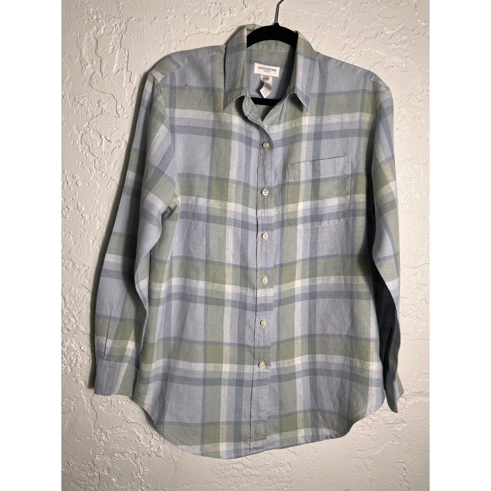 Jones New York Sport‎ 100% Linen Plaid Button Up Shirt Blue Green Size S